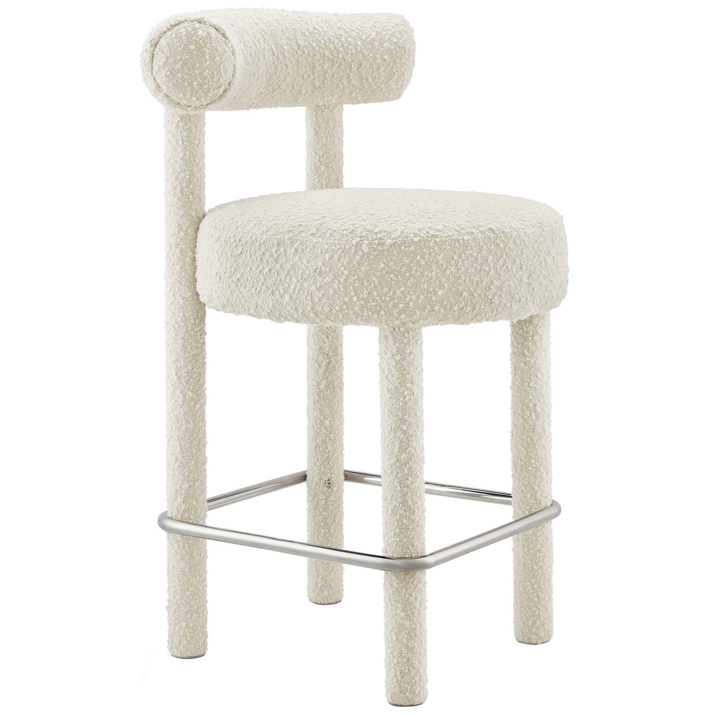 Silver boucle upholstered bar stool with round padded seat, cylindrical backrest, four legs and chrome footrest.
