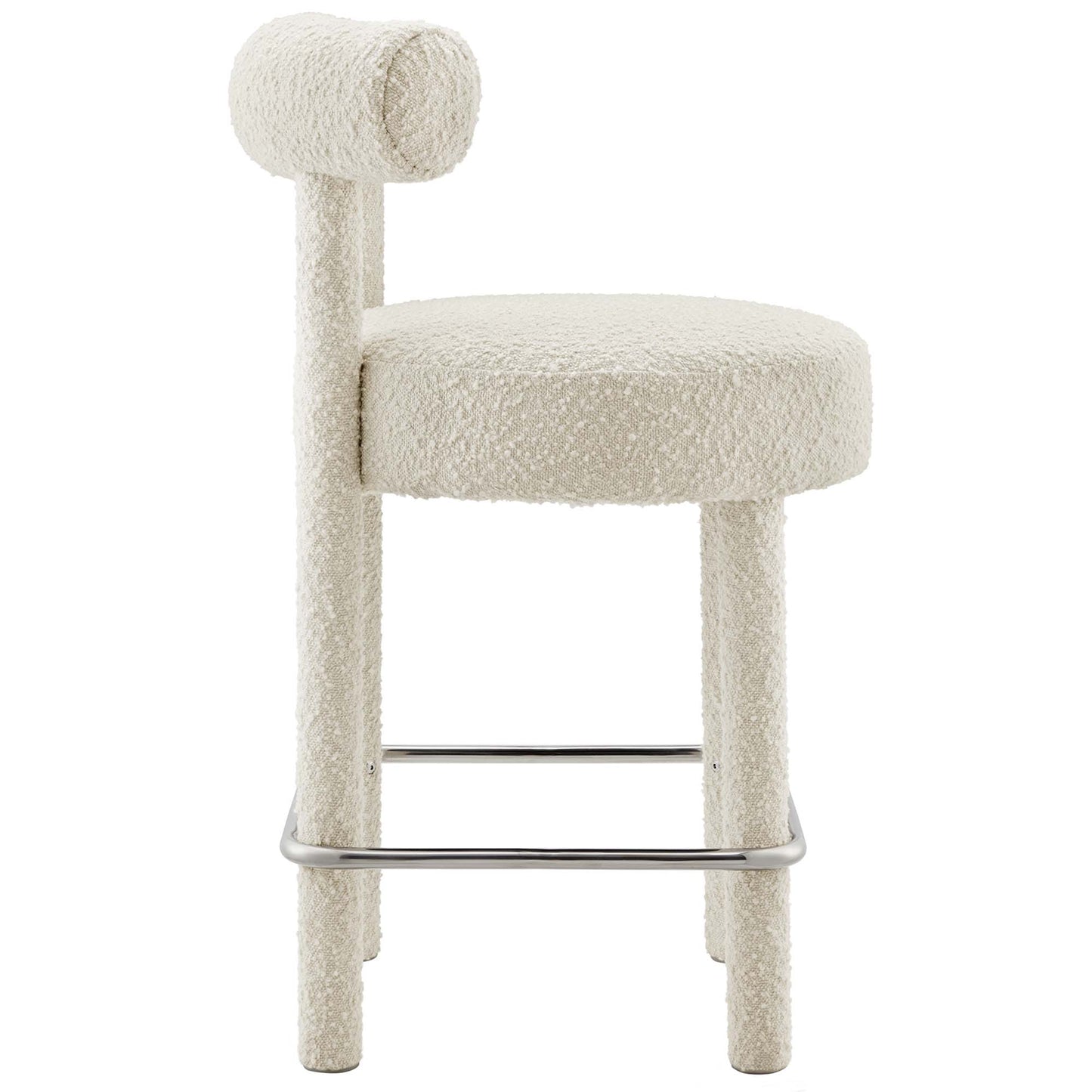 Silver boucle fabric counter stool with a round padded seat, short backrest on a vertical post, and a metal footrest.
