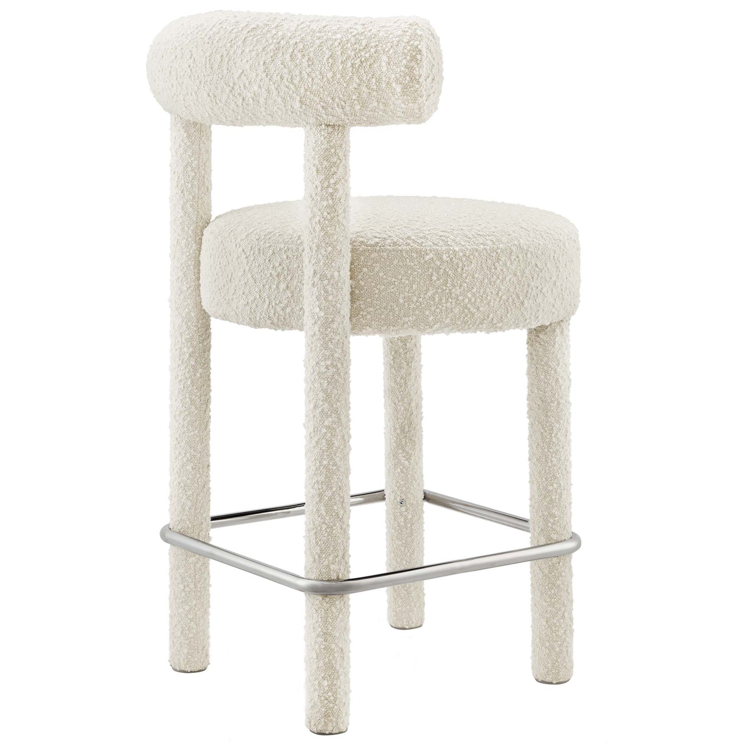Ivory boucle upholstered bar stool with curved backrest, round seat and metal footrest.