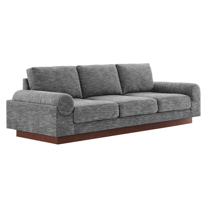 Gray textured fabric three-seat sofa with rolled arms and a wooden base.