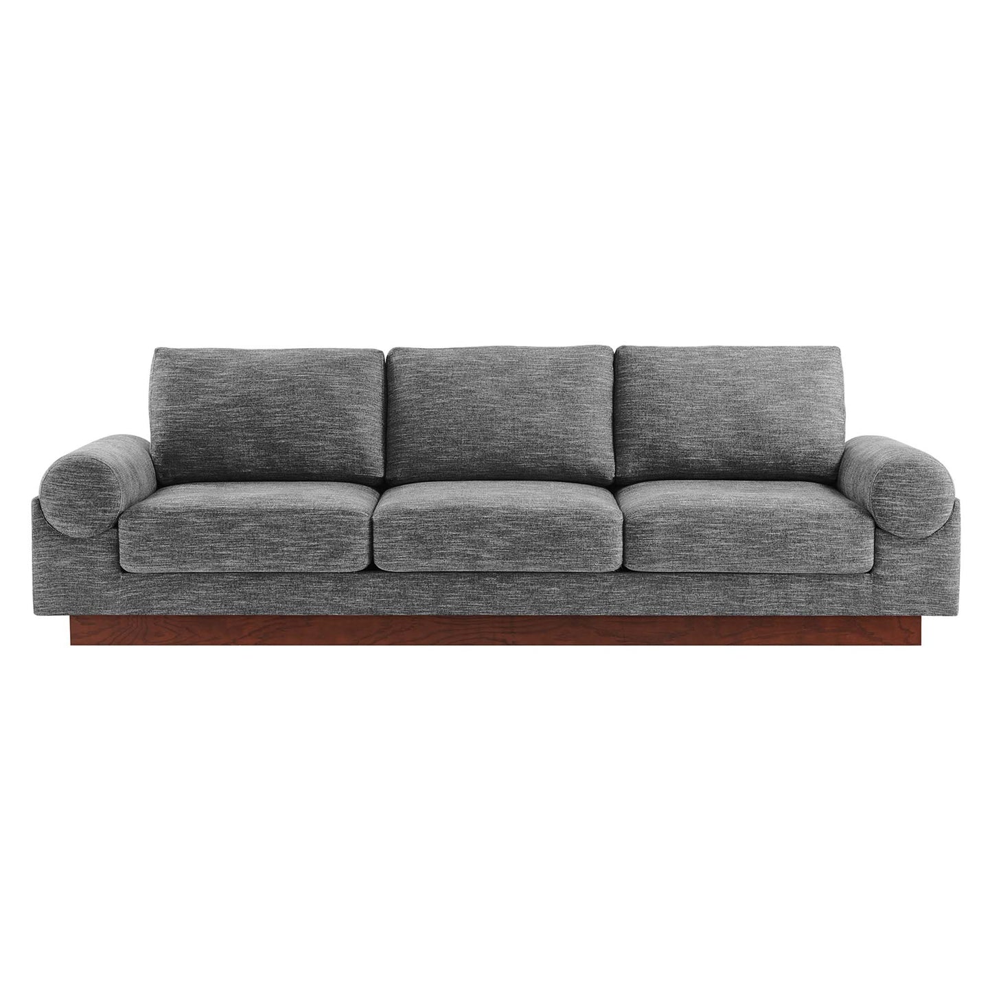 Gray textured fabric three-seat sofa with rounded arms and a wooden platform base.