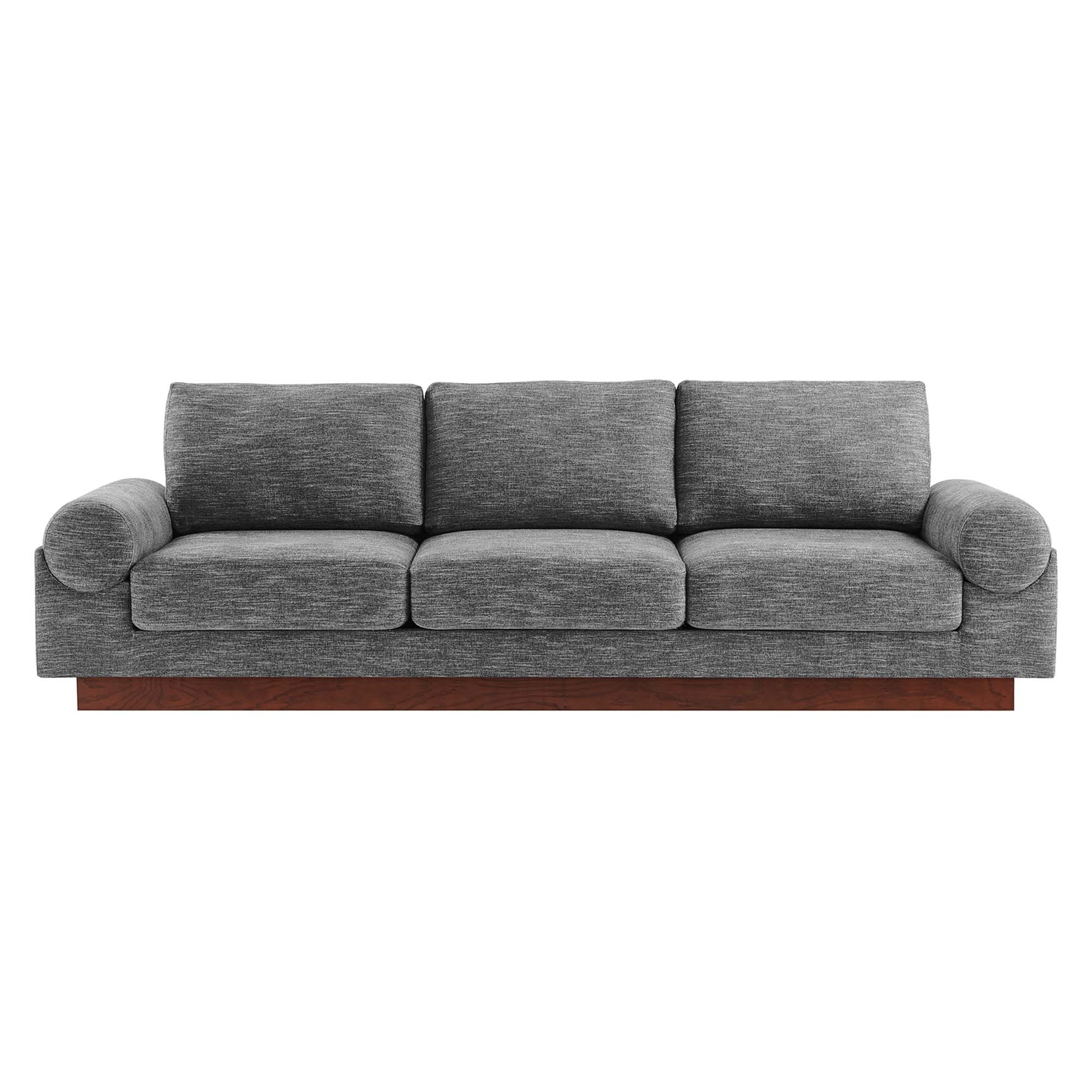 Gray textured fabric three-seat sofa with rounded arms and a wooden platform base.