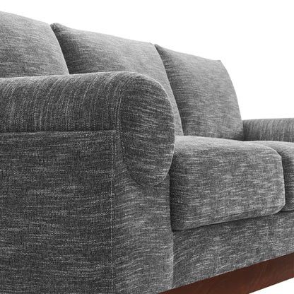 Gray textured fabric sofa with rounded arms, plush back cushions & a wooden base rail.