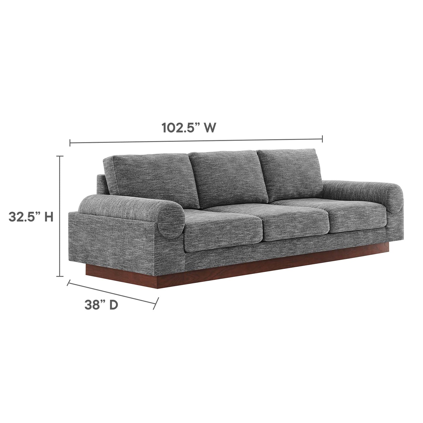 Gray textured fabric sofa with rolled arms, wooden base, three cushions; 102.5W x 32.5H x 38D.