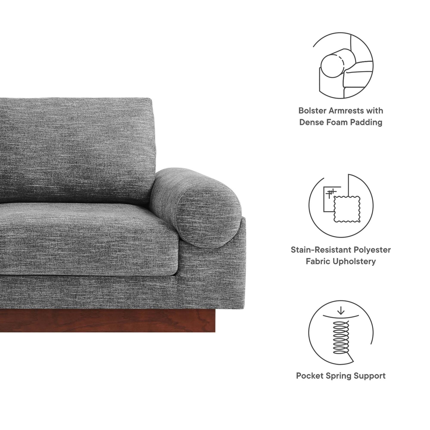 Gray textured fabric sofa with rolled armrest and base; foam padding, stain-resistant upholstery, pocket spring support.
