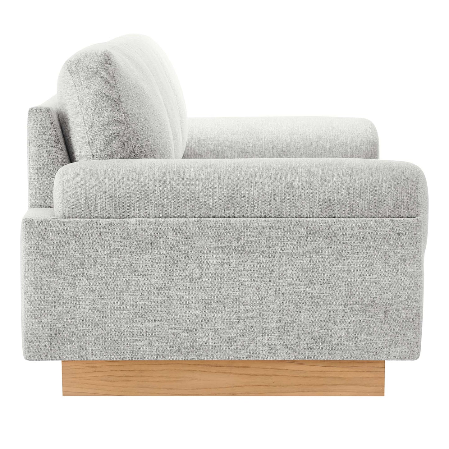 Light gray textured fabric sofa with rounded back cushions on a wooden block base, modern mid-century style.