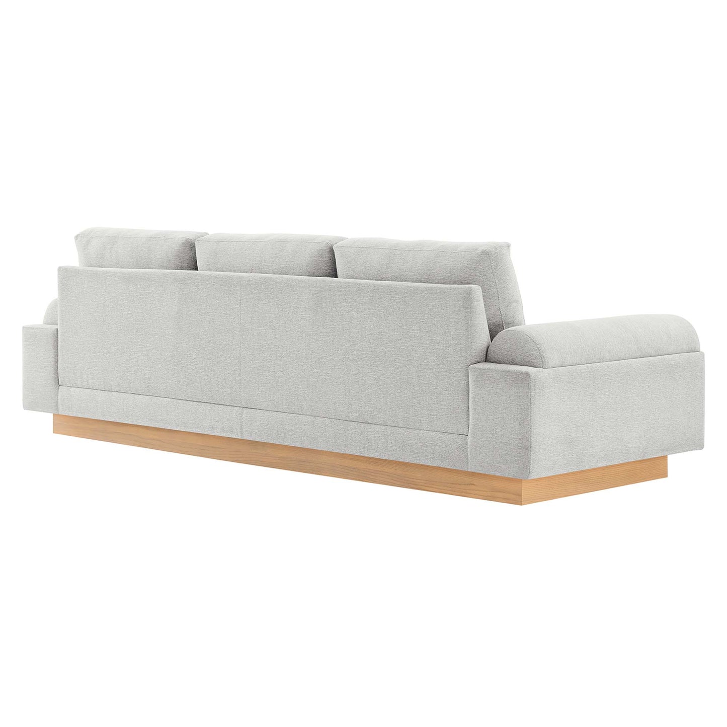 Light gray fabric sofa with wooden plinth base, three-seat cushions, modern block arms, low-profile design.