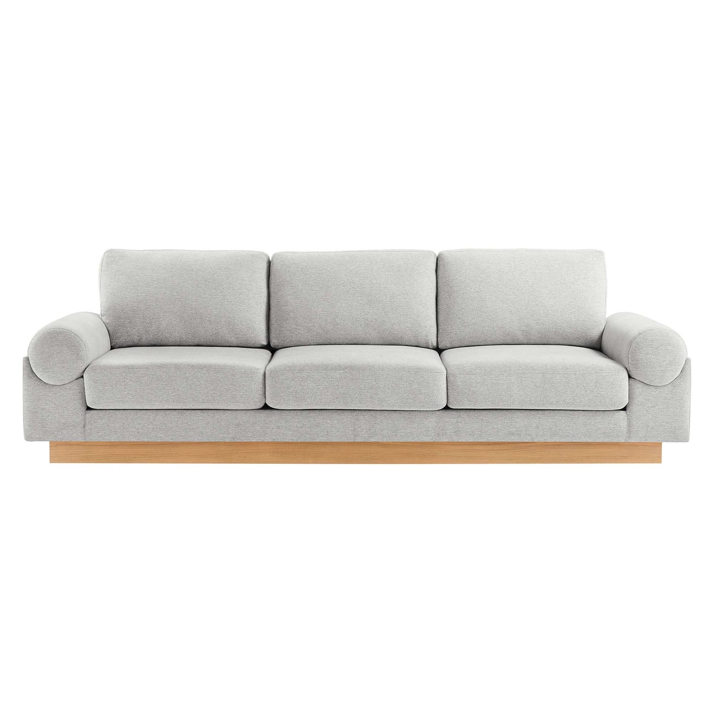 Gray fabric 3-seat sofa with rounded arm bolsters and light wood base.