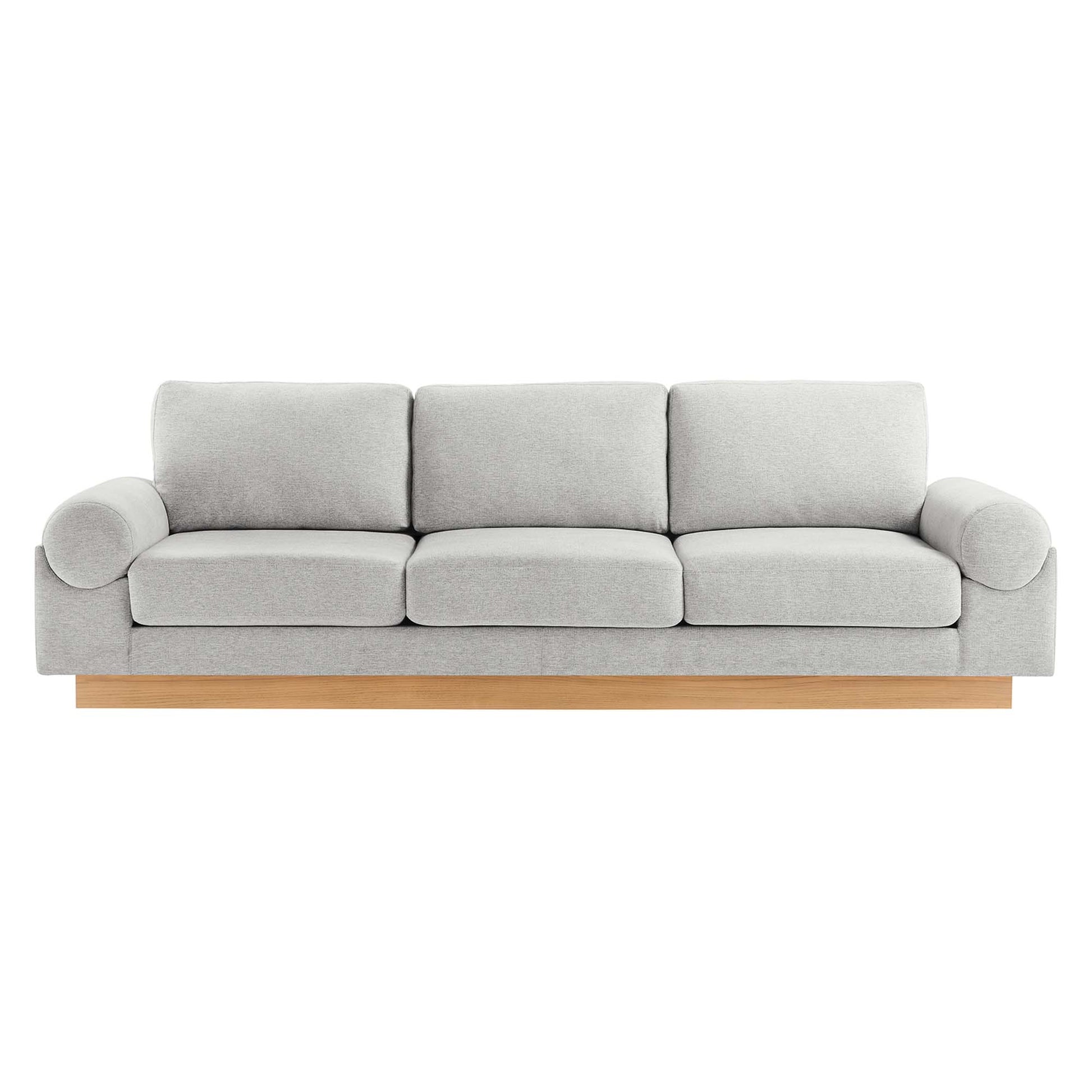 Gray fabric 3-seat sofa with rounded arm bolsters and light wood base.