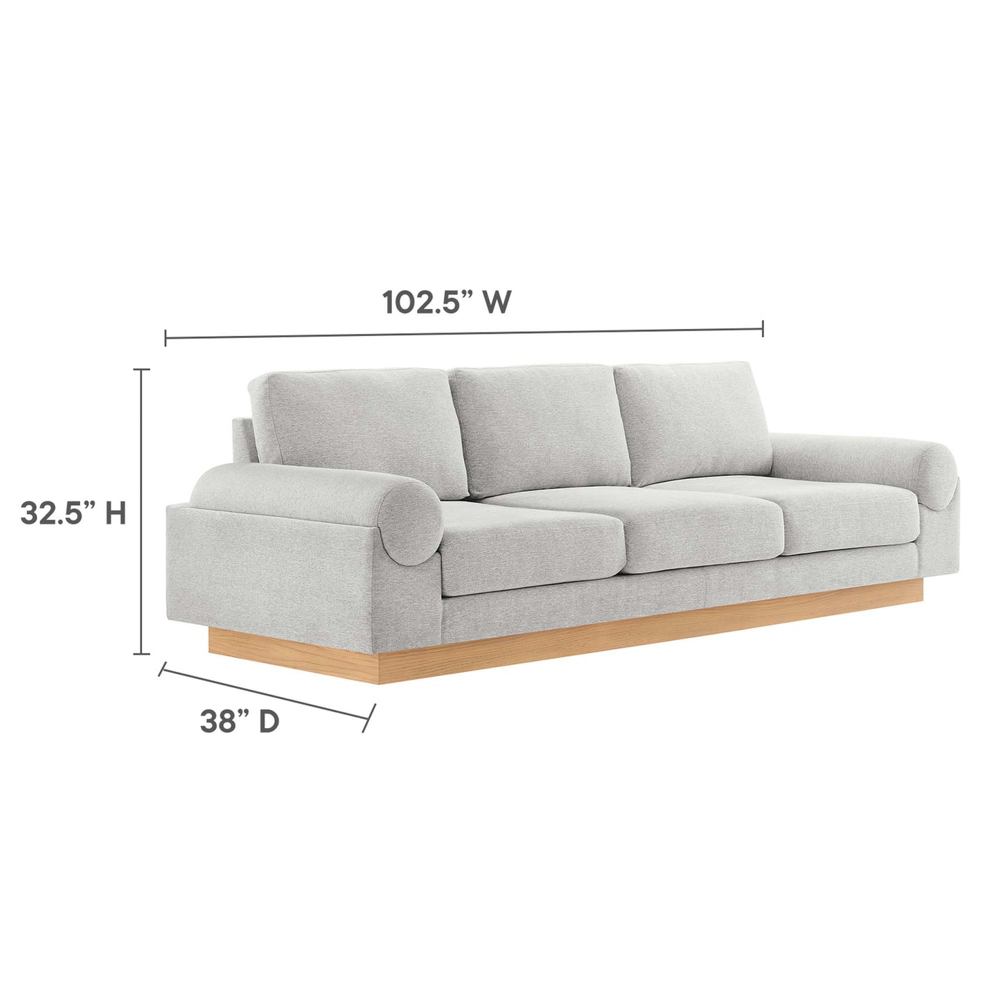 Light gray fabric 3-seat sofa with rolled cylindrical arm on left, natural wood base, three plush cushions.