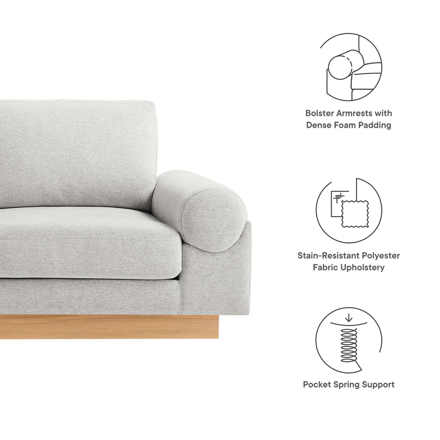 Light gray fabric sofa with rounded bolster armrest & wooden base; foam padding & stain-resistant upholstery.