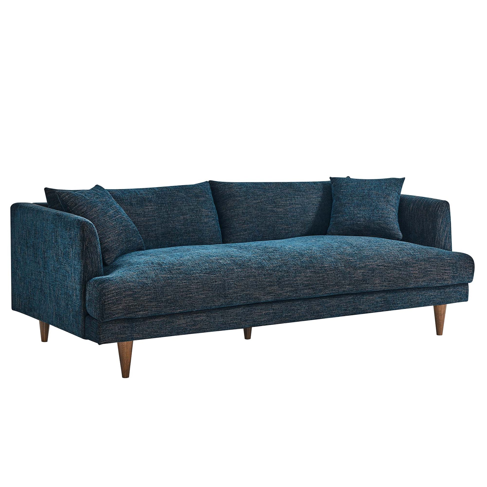 Teal blue fabric sofa with three back cushions and two throw pillows, mid-century wooden legs.