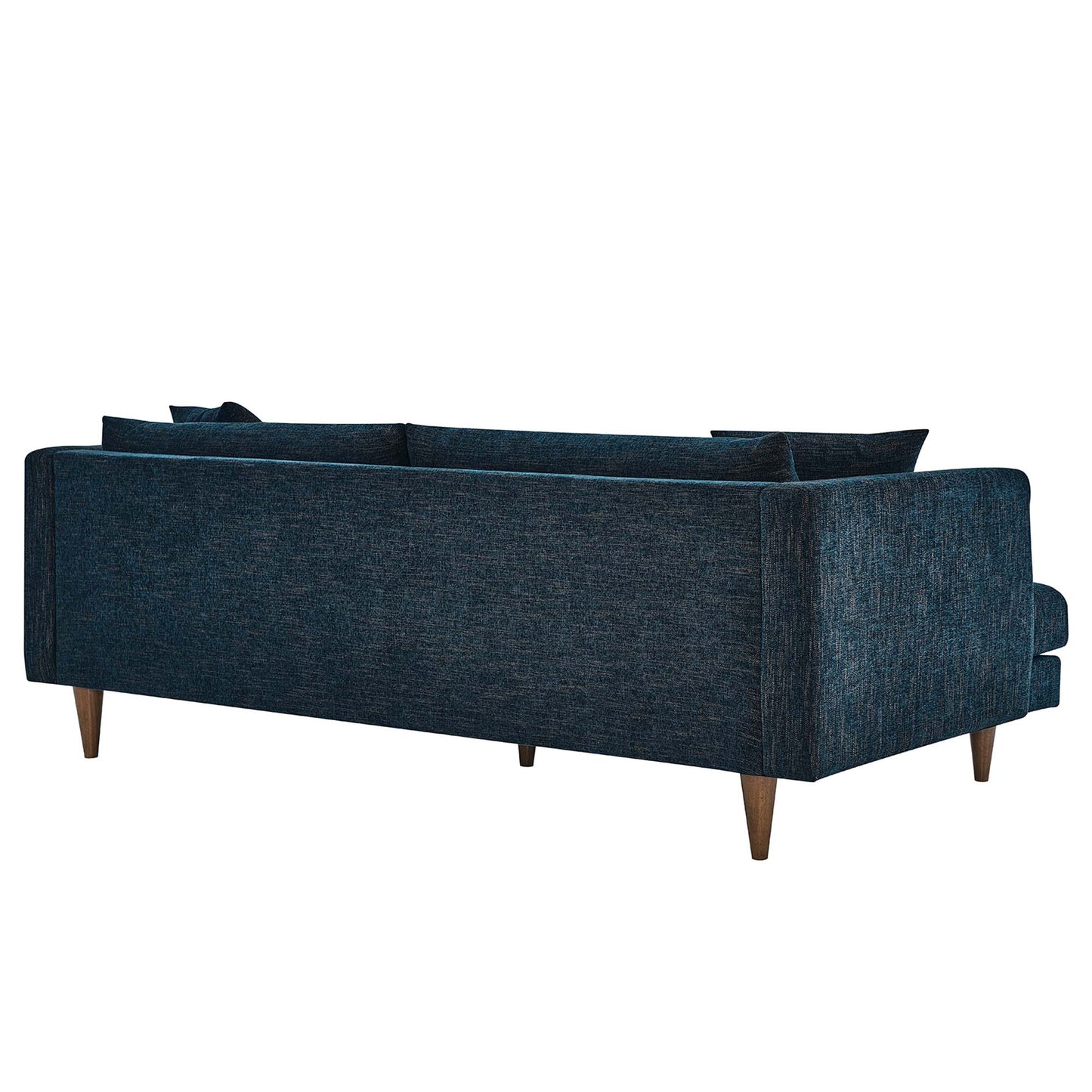 Navy blue textured fabric three-seat sofa with wooden tapered legs in a mid-century modern style.
