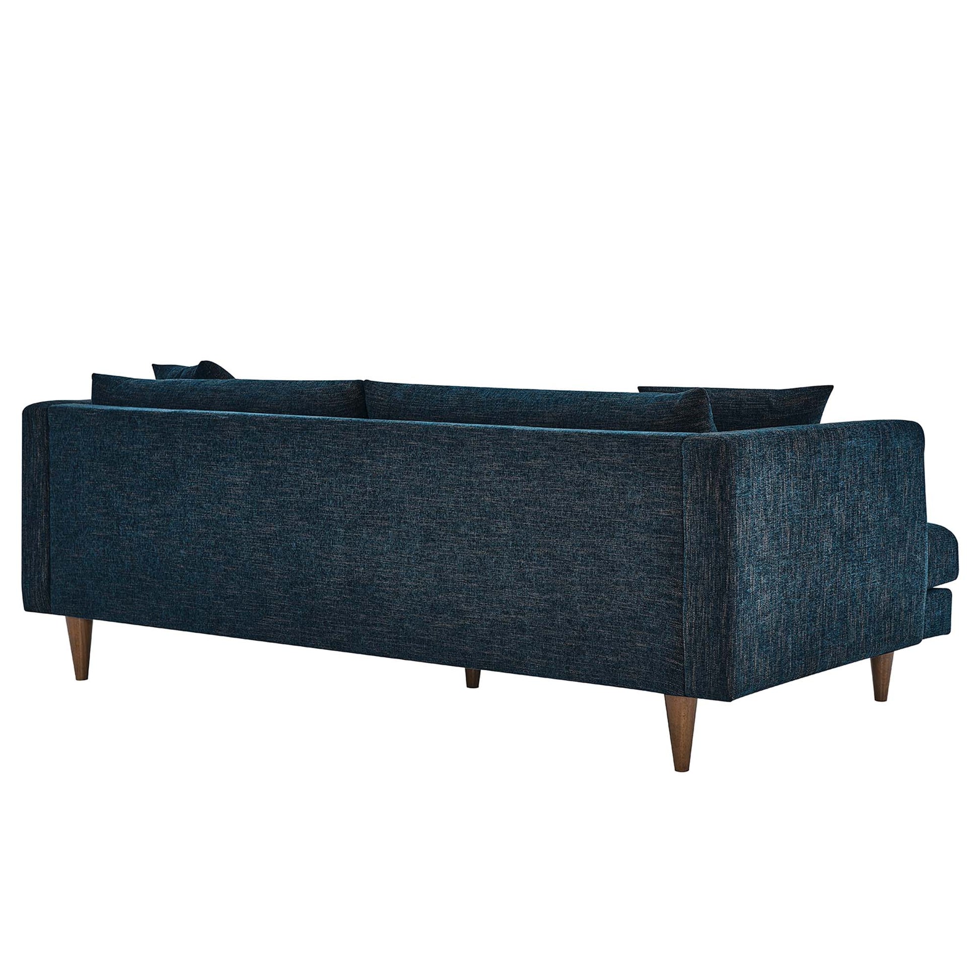 Navy blue textured fabric three-seat sofa with wooden tapered legs in a mid-century modern style.