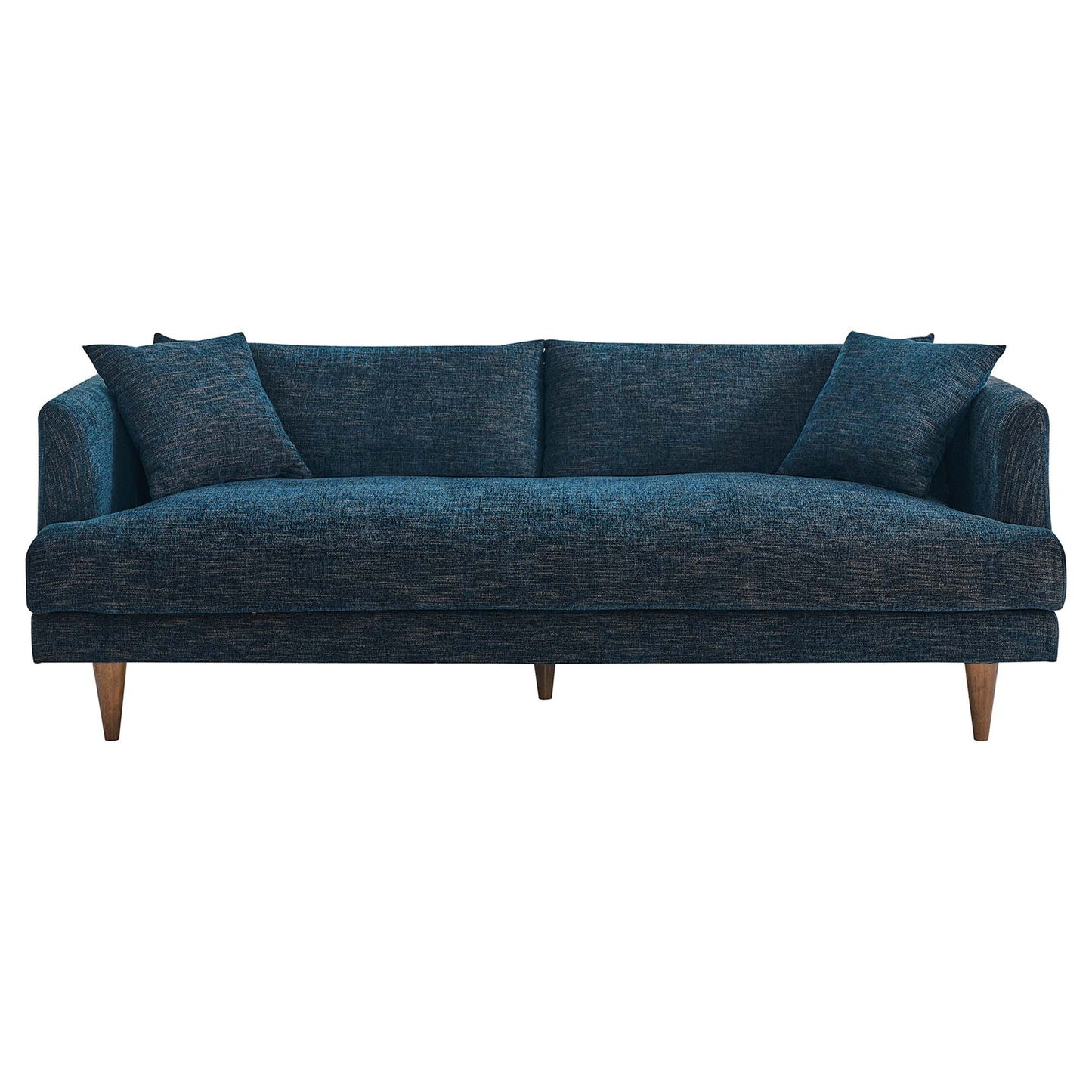 Dark blue textured fabric three-seat sofa with mid-century wooden legs and two throw pillows.