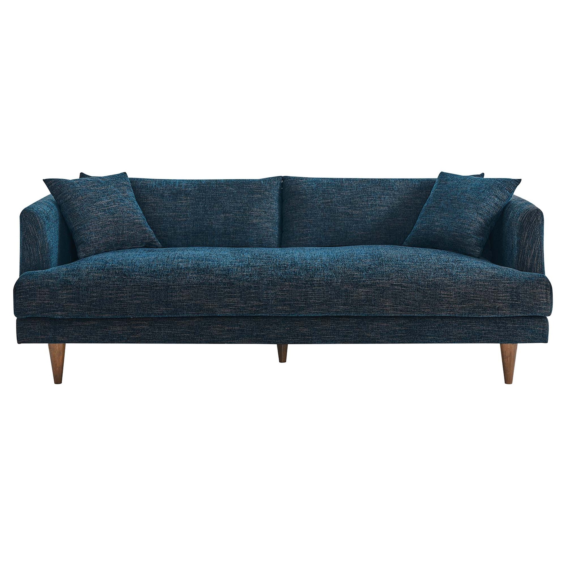 Dark blue textured fabric three-seat sofa with mid-century wooden legs and two throw pillows.