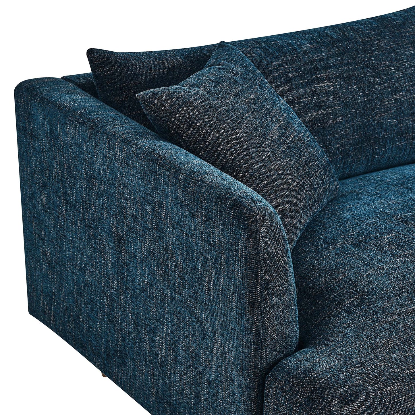 Dark blue textured fabric sofa with square arms & matching cushions.
