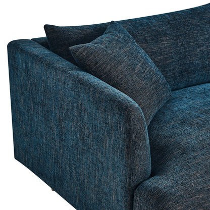 Dark blue textured fabric sofa with square arms & matching cushions.