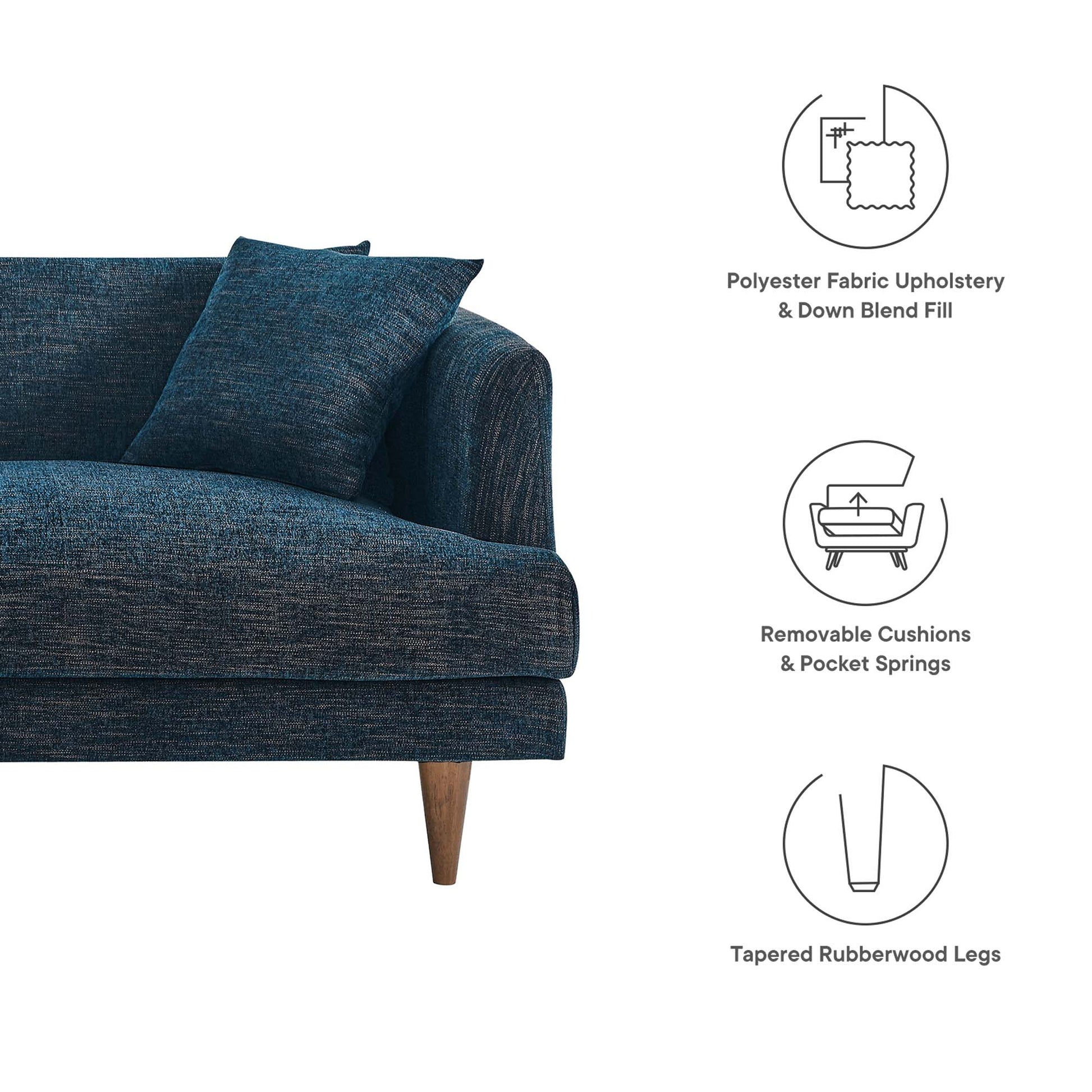 Blue textured fabric sofa with removable cushions & pocket springs, tapered rubberwood legs.