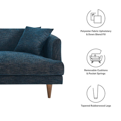 Blue textured fabric sofa with removable cushions & pocket springs, tapered rubberwood legs.