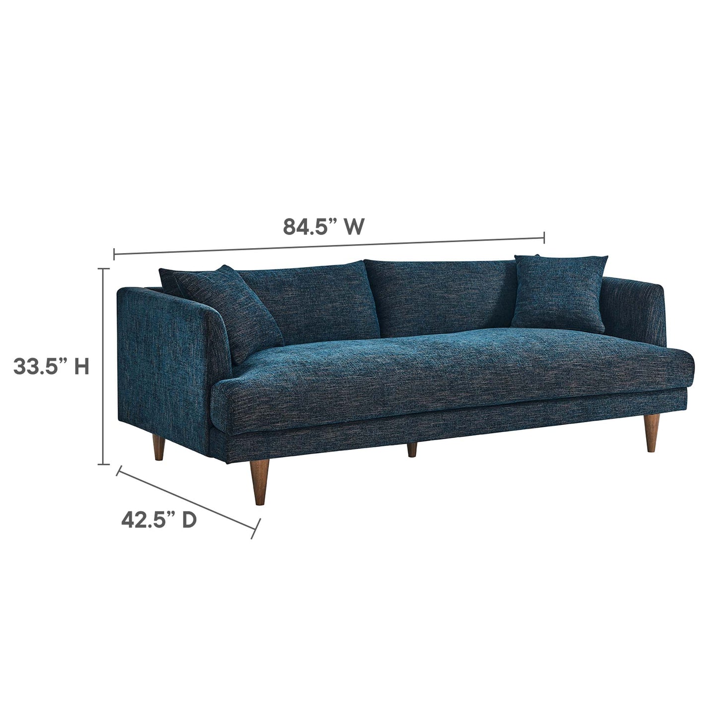Blue textured fabric sofa with three back cushions, two pillows, wooden tapered legs; 84.5" W.