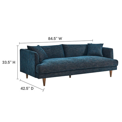 Blue textured fabric sofa with three back cushions, two pillows, wooden tapered legs; 84.5" W.
