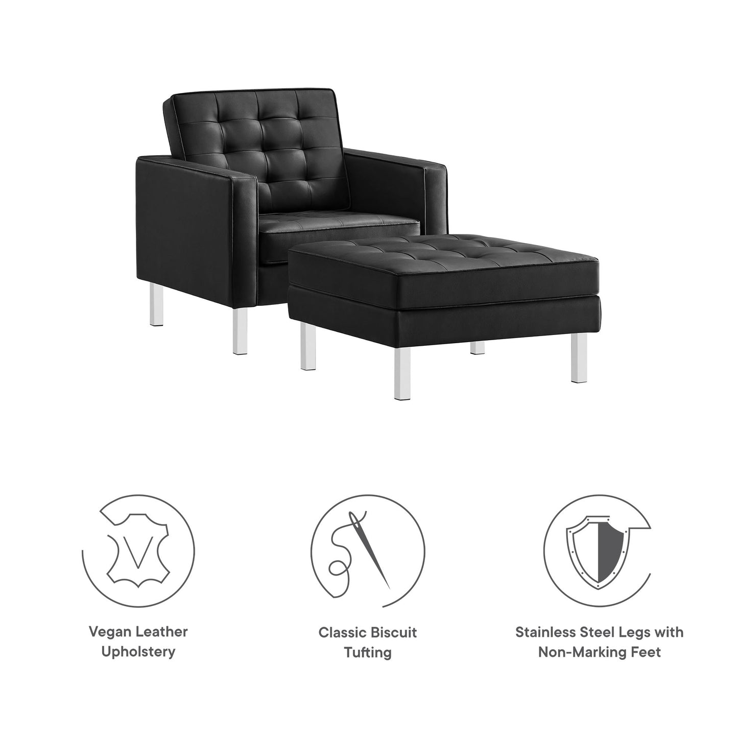 Modway - Loft Tufted Vegan Leather Armchair and Ottoman Set by Modway  Living Room Sofas and Armchairs Black - EEI-6409-SLV-BLK-SET