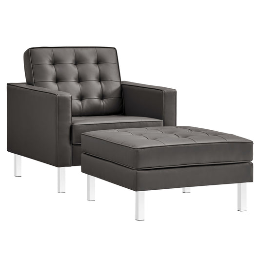 Modway - Loft Tufted Vegan Leather Armchair and Ottoman Set by Modway  Living Room Sofas and Armchairs  - EEI-6409-SLV-GRY-SET