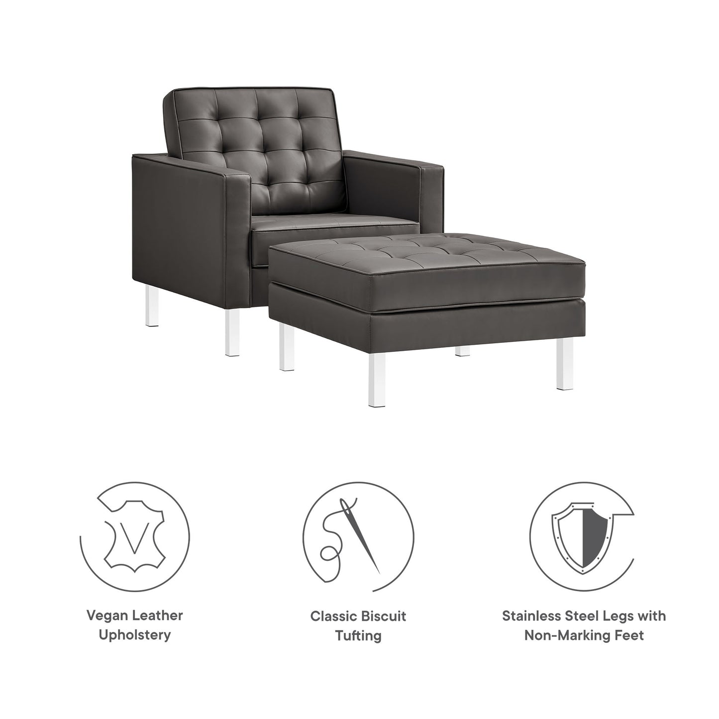 Modway - Loft Tufted Vegan Leather Armchair and Ottoman Set by Modway  Living Room Sofas and Armchairs  - EEI-6409-SLV-GRY-SET