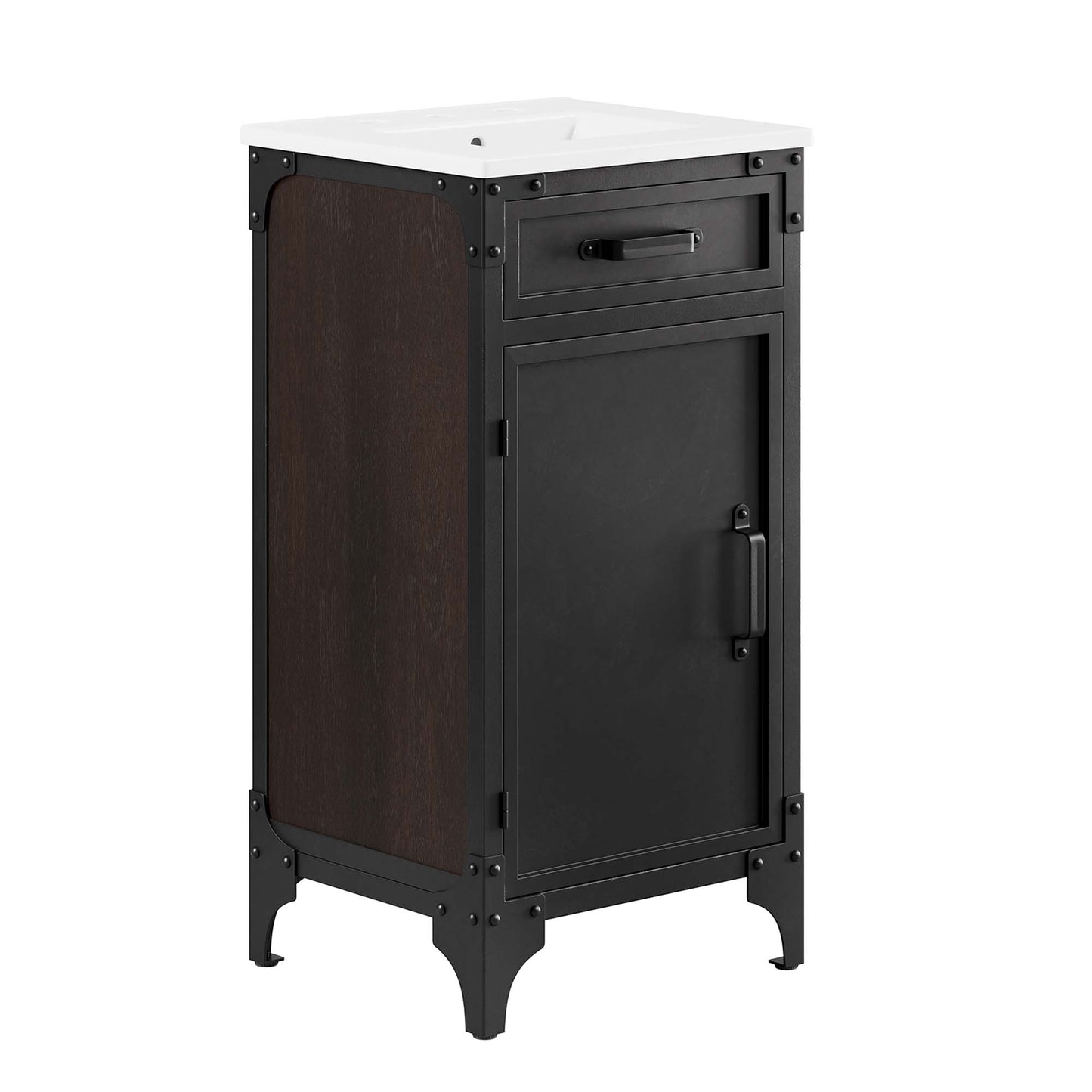 Industrial-style freestanding vanity with white rectangular sink top, black metal frame, dark wood side panels, drawer and door