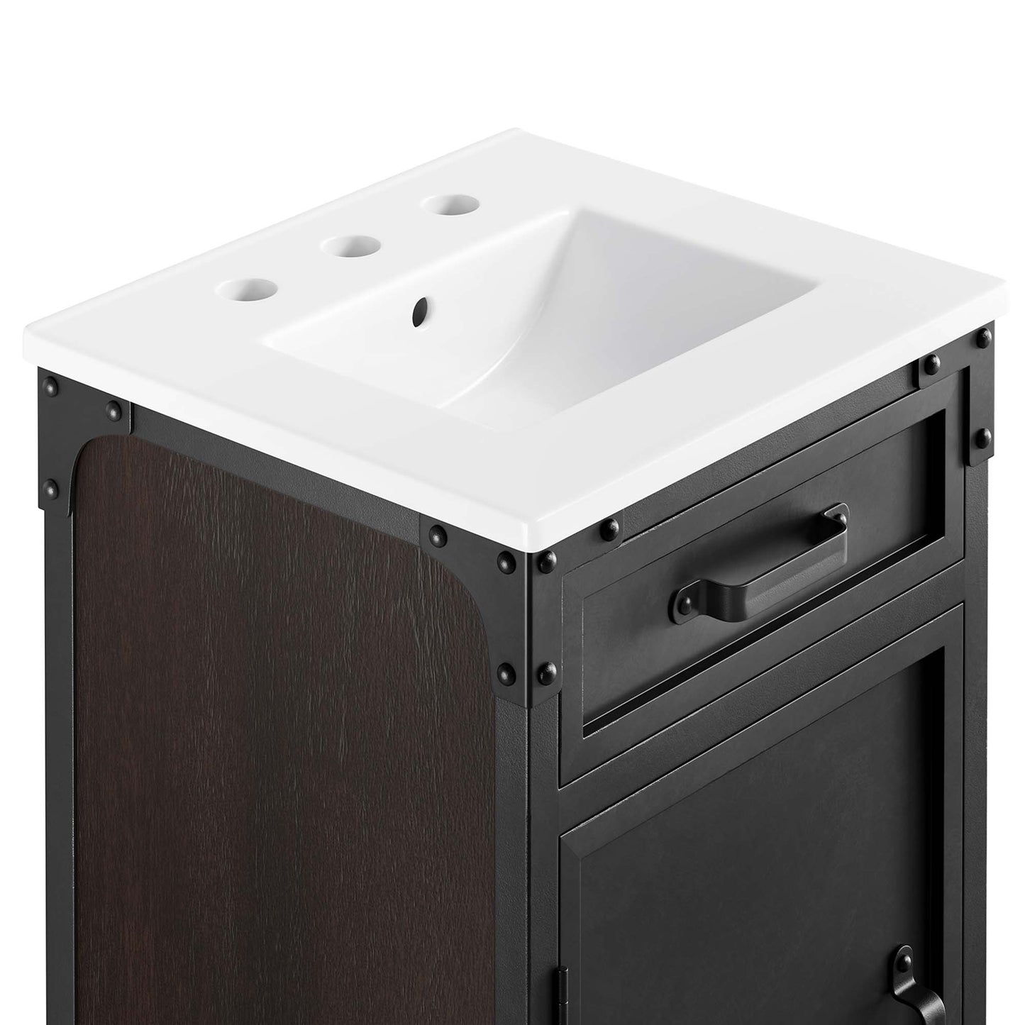 White ceramic rectangular sink with three faucet holes atop a black metal-framed vanity featuring a dark wood panel and drawer.