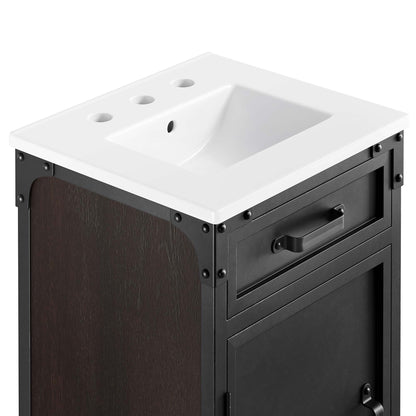 White ceramic rectangular sink with three faucet holes atop a black metal-framed vanity featuring a dark wood panel and drawer.