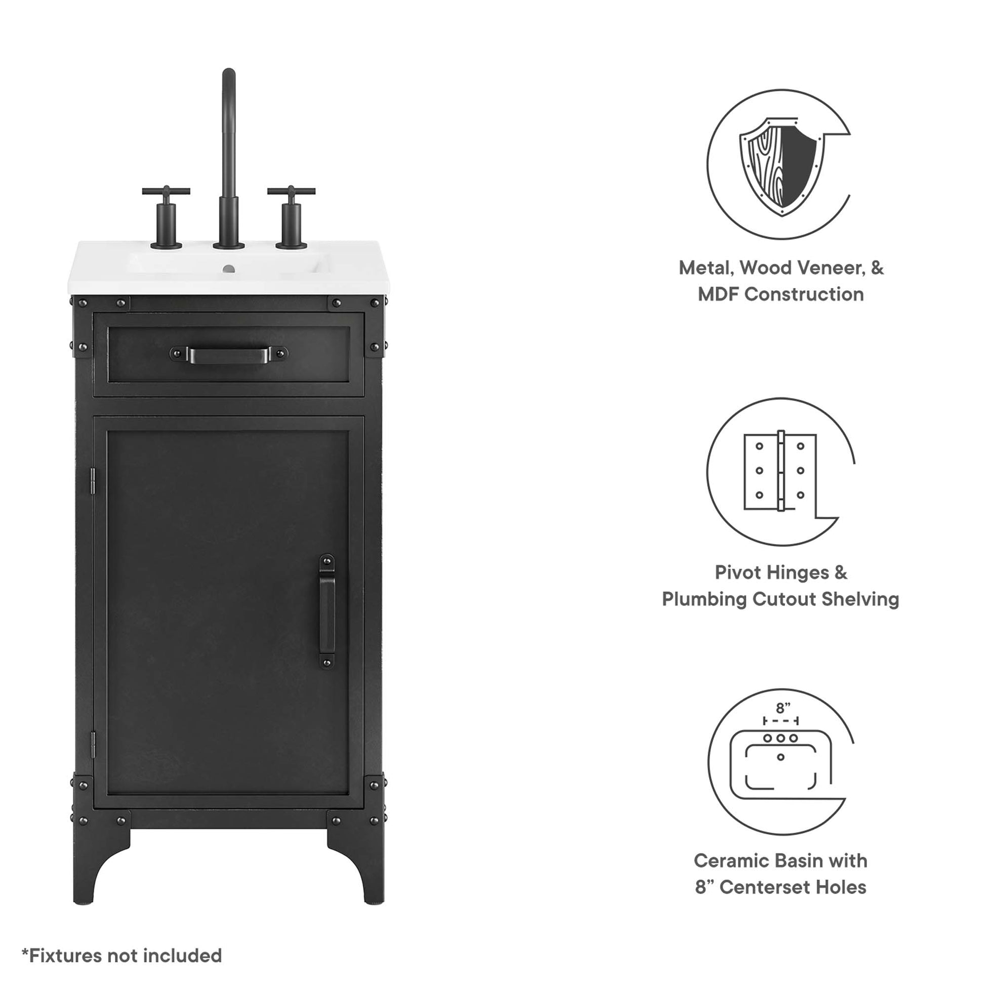 Black freestanding bathroom vanity with white countertop & ceramic basin; two faucet knobs & tall back pipe.