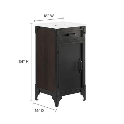 Industrial black bathroom vanity with dark wood panels and white countertop; single front door and small top drawer; freestanding storage.