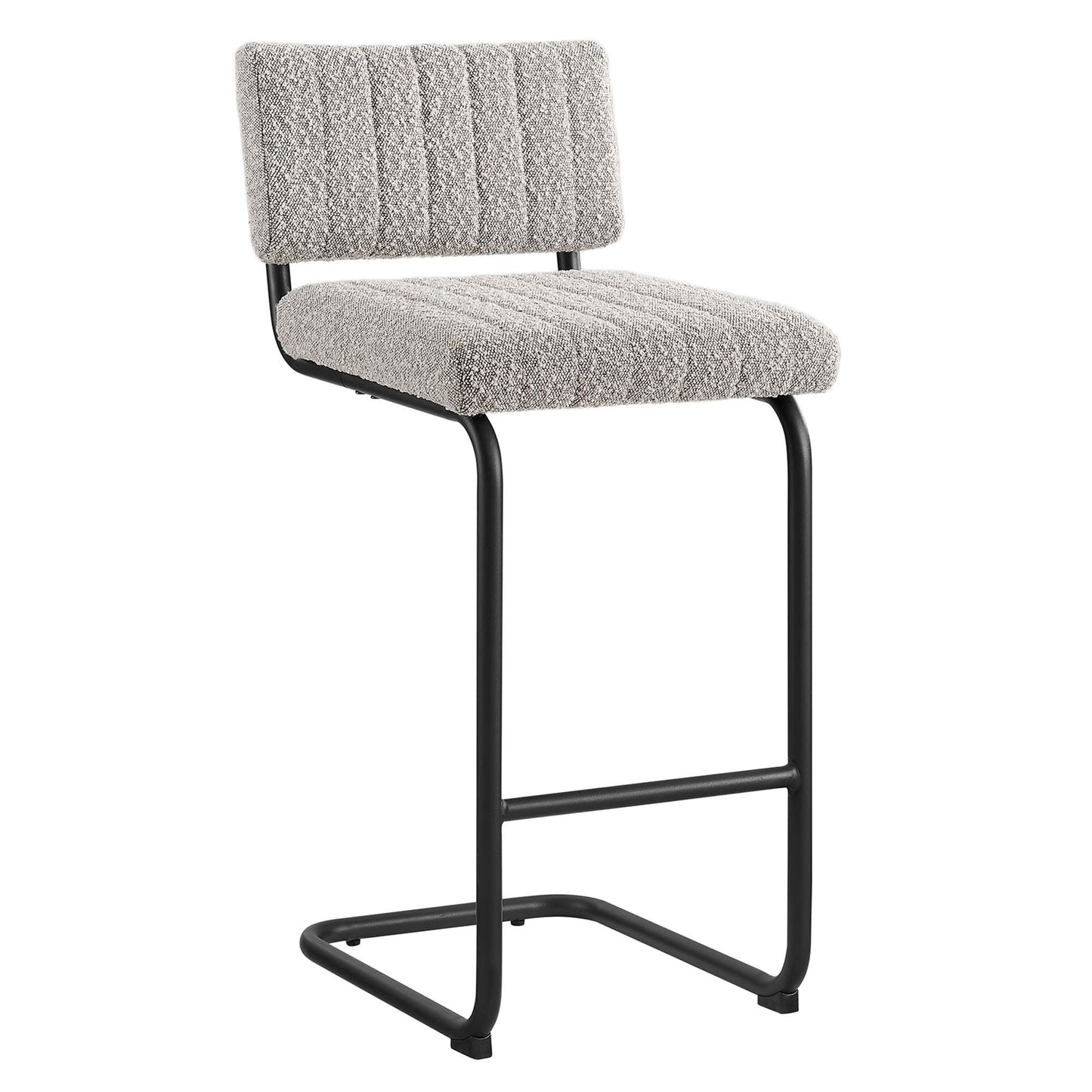 Taupe boucle counter stools, set of 2, with padded backrests, black powder-coated steel frames and footrests; modern industrial style.