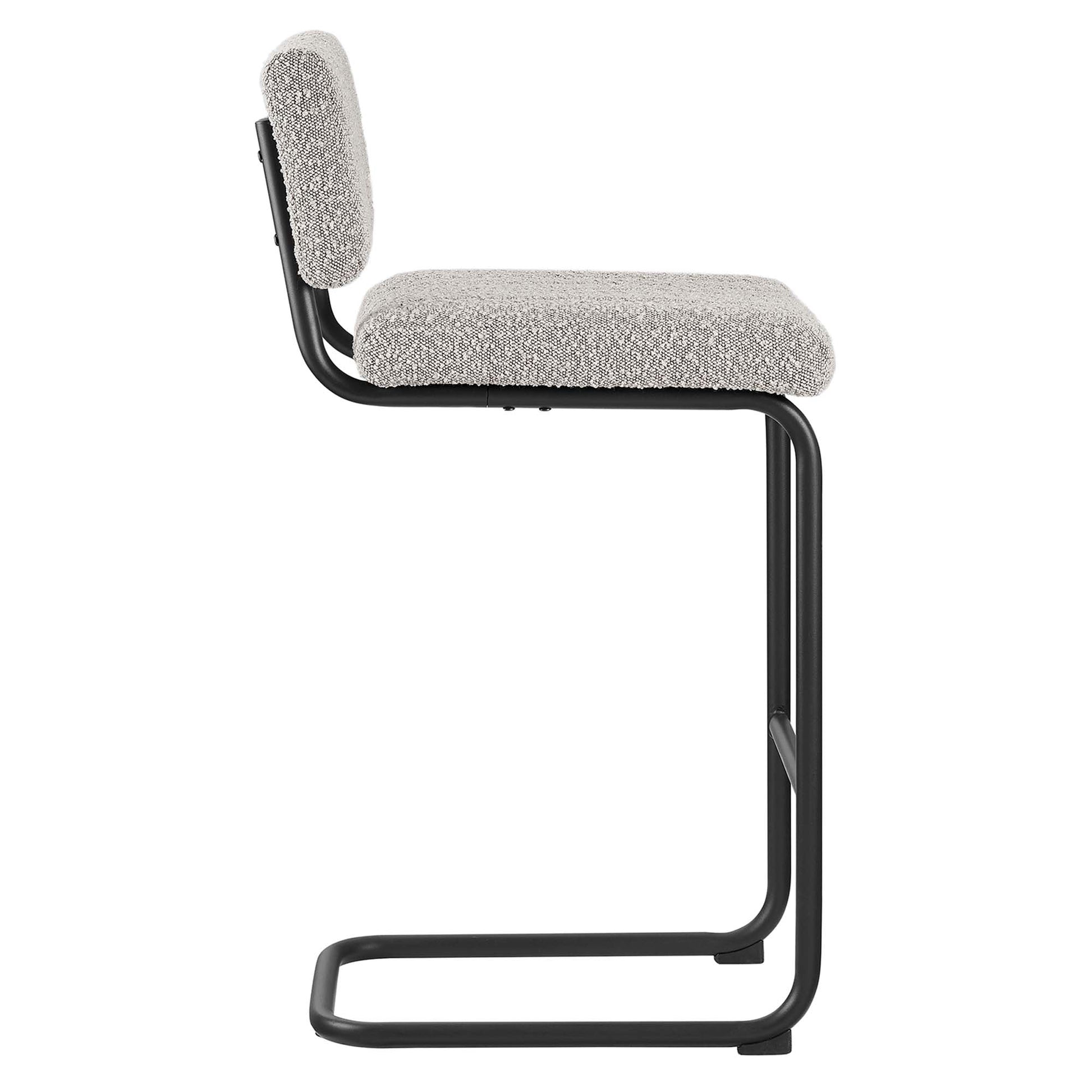 Black metal cantilever counter stools with taupe boucle textured padded seats and small backrests, set of 2.