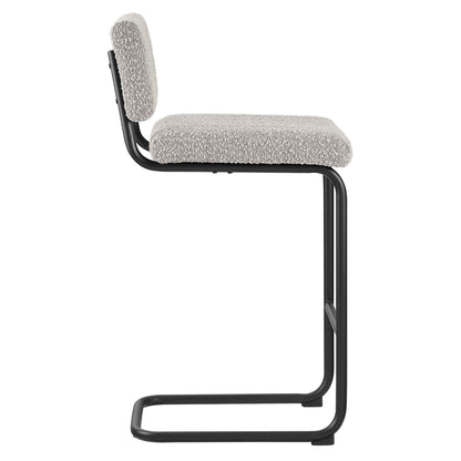 Black metal cantilever counter stools with taupe boucle textured padded seats and small backrests, set of 2.
