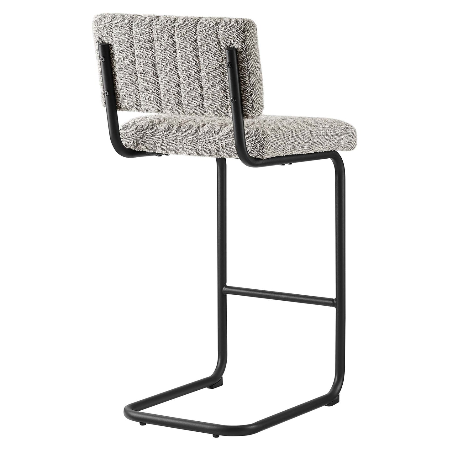 Black metal cantilever counter stools with taupe boucle upholstery on the seat and backrest (set of 2).