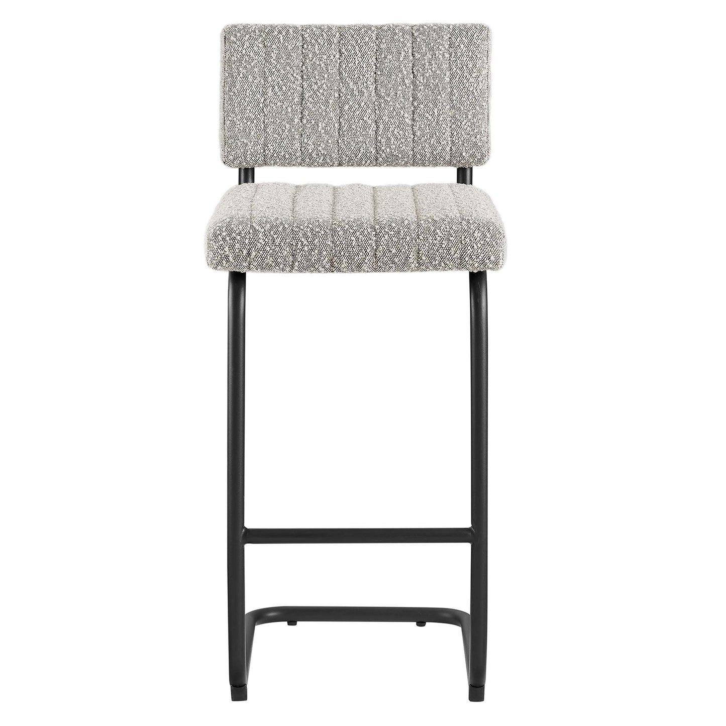 Taupe boucle upholstered counter stools with backrest, vertical channel tufting, black metal frame & footrest, set of 2.