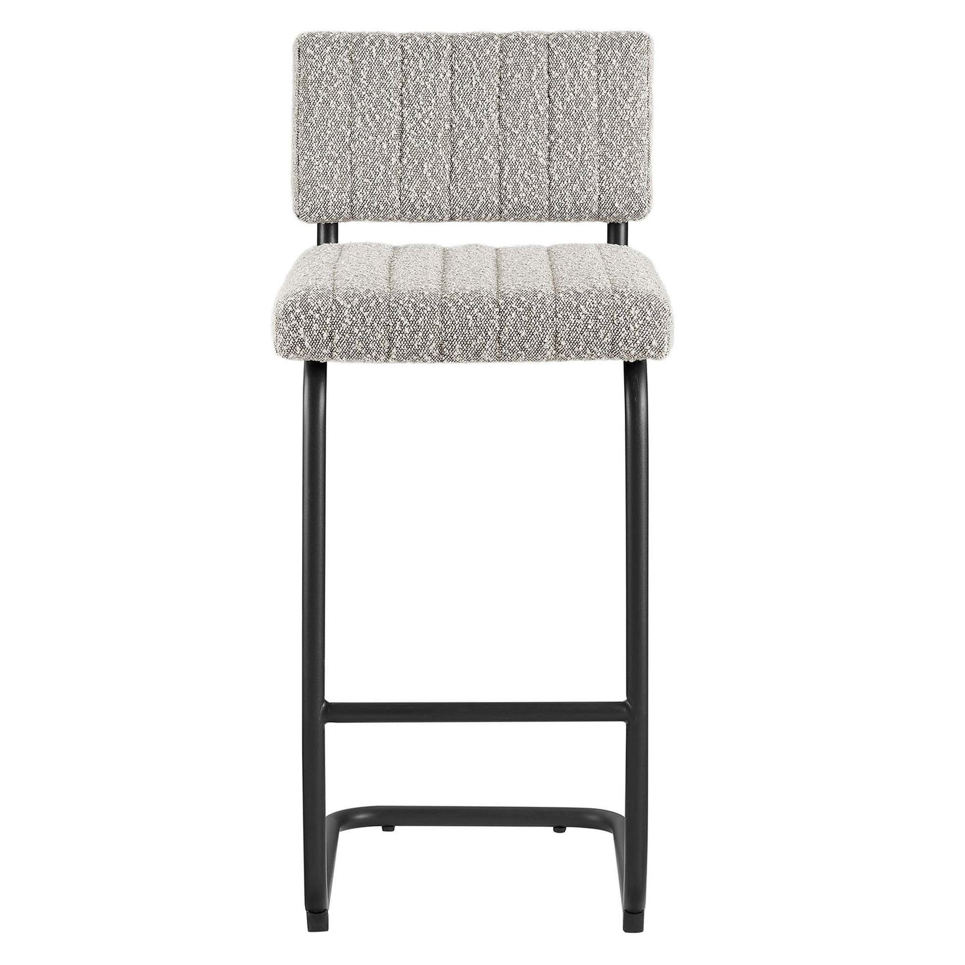 Taupe boucle upholstered counter stools with backrest, vertical channel tufting, black metal frame & footrest, set of 2.