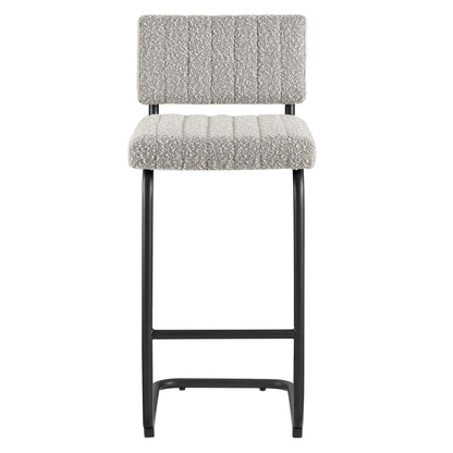 Taupe boucle upholstered counter stools with backrest, vertical channel tufting, black metal frame & footrest, set of 2.