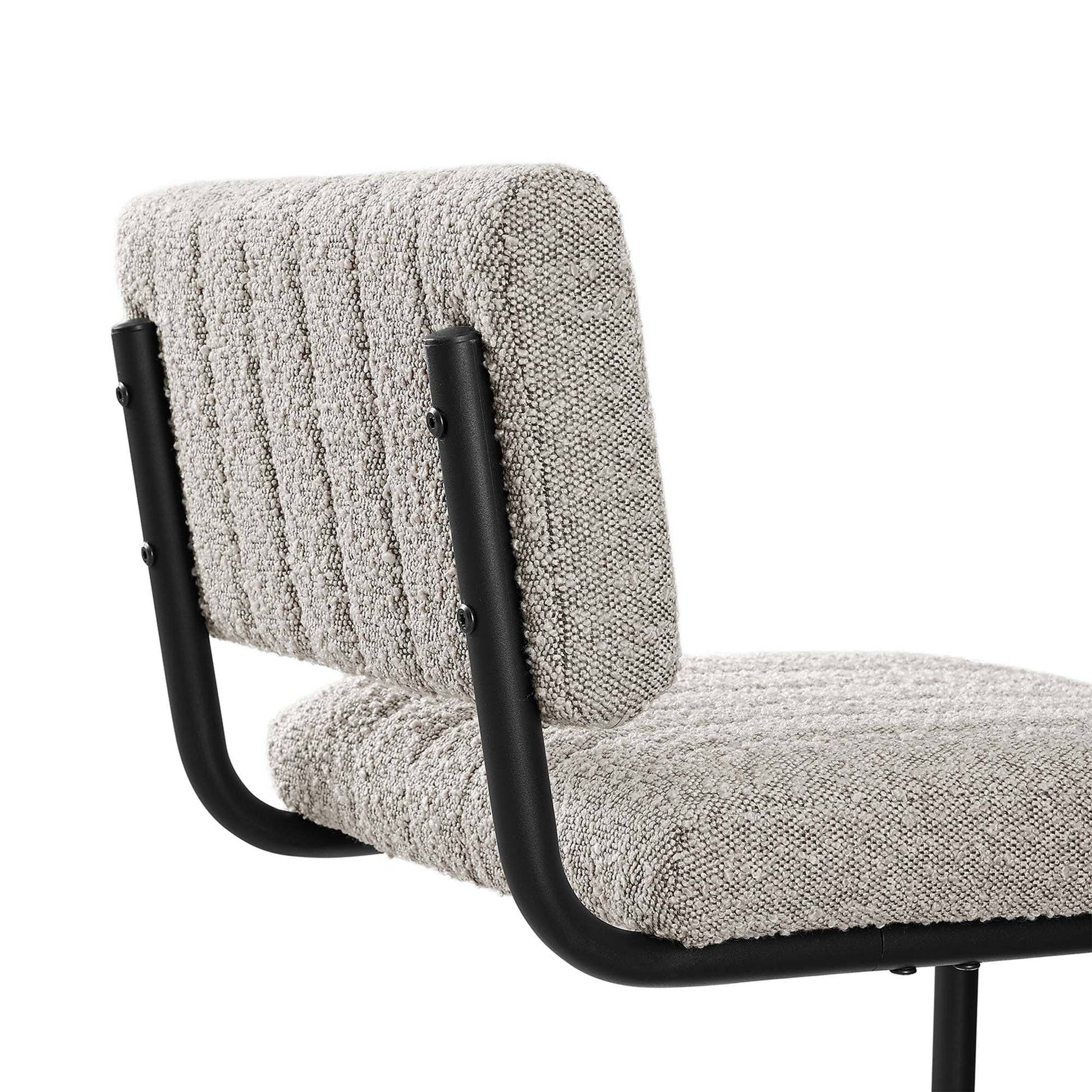 Taupe boucle upholstered counter stools with black metal U-frame, set of 2.