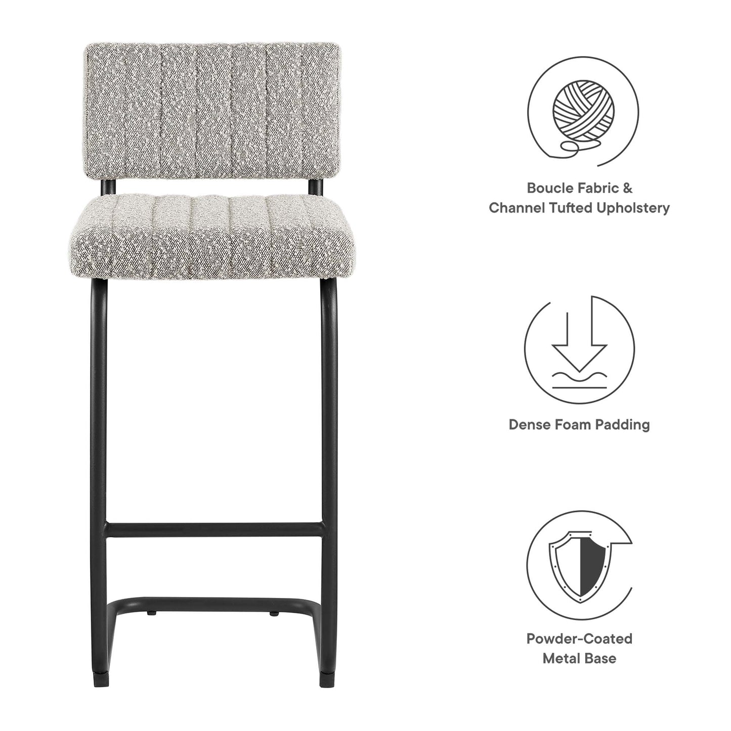 Taupe boucle fabric counter stools with channel tufting, black powder-coated metal frame & footrest (set of 2).