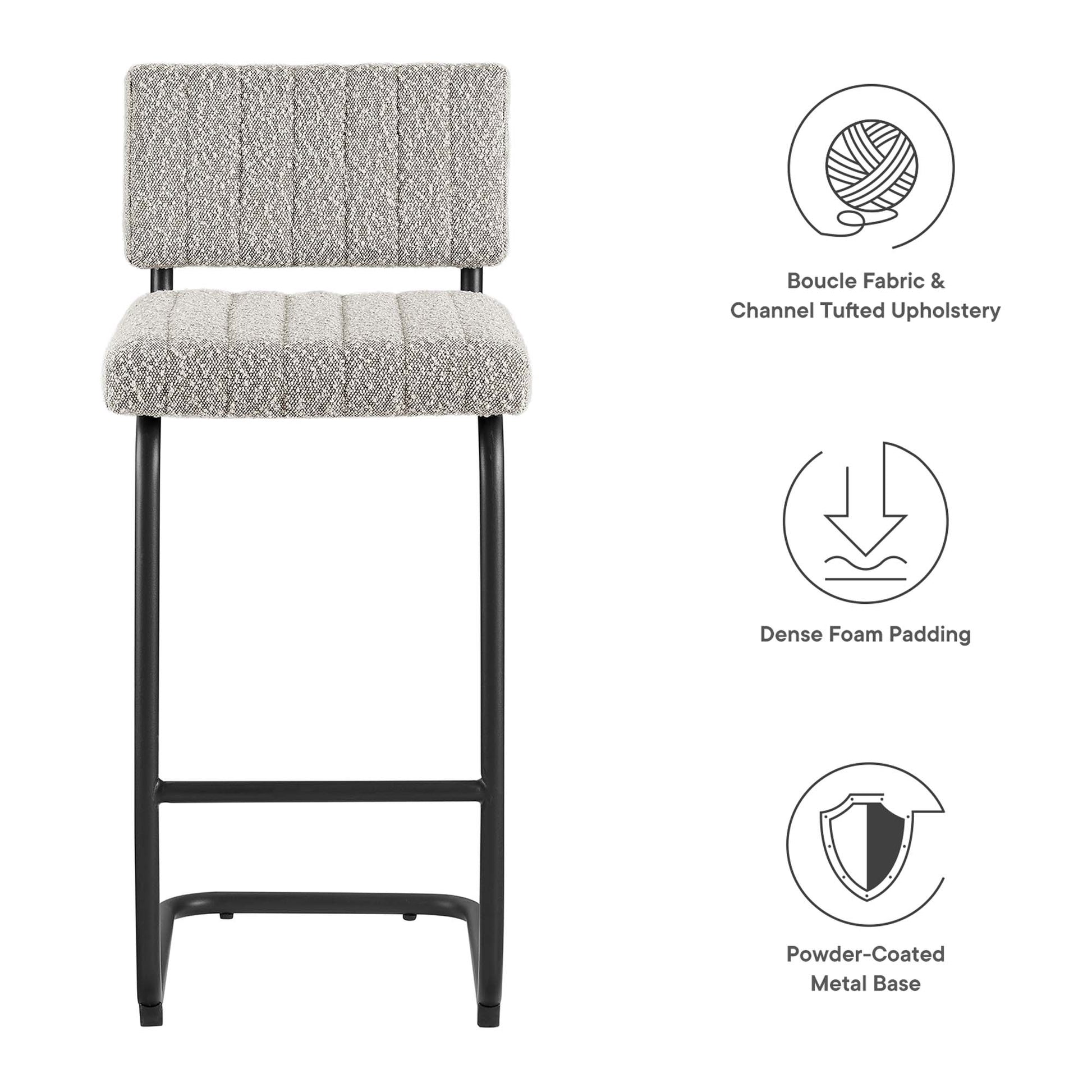 Taupe boucle fabric counter stools with channel tufting, black powder-coated metal frame & footrest (set of 2).