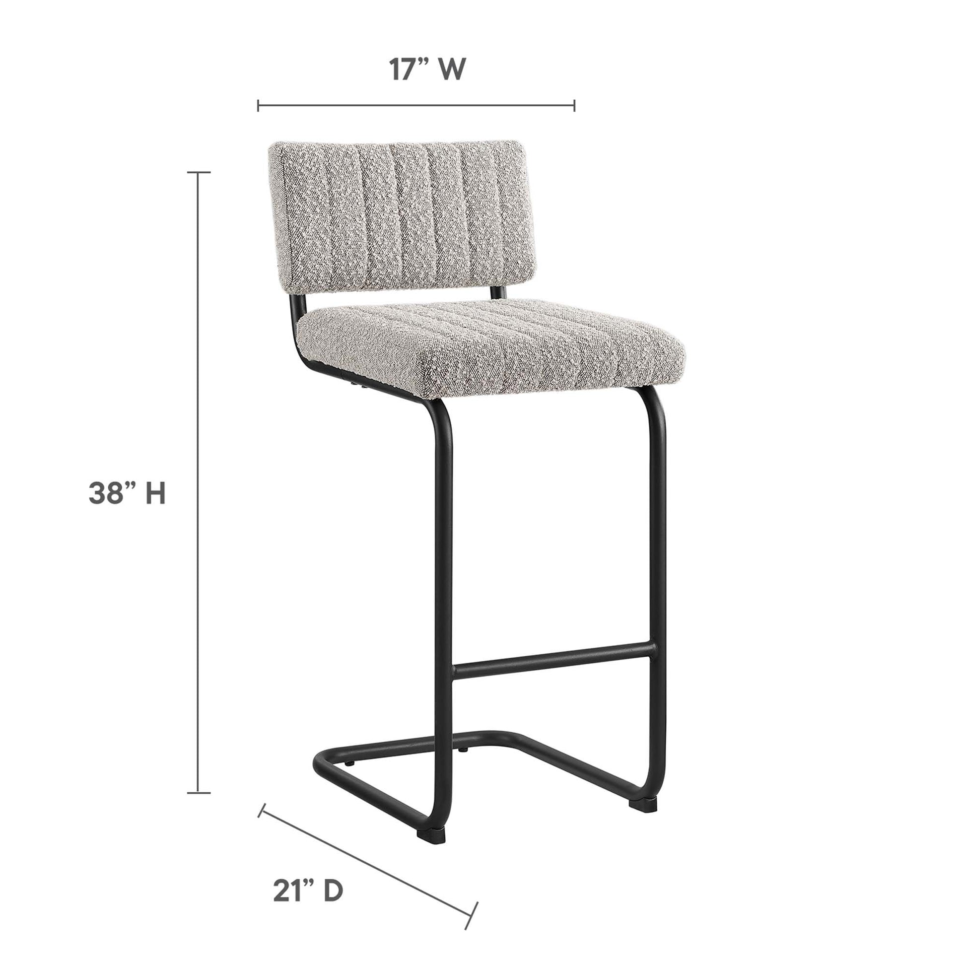 Taupe upholstered counter stools with black cantilever steel frame; vertical tufted back & seat, 17"W x 21"D x 38"H. Set of 2.