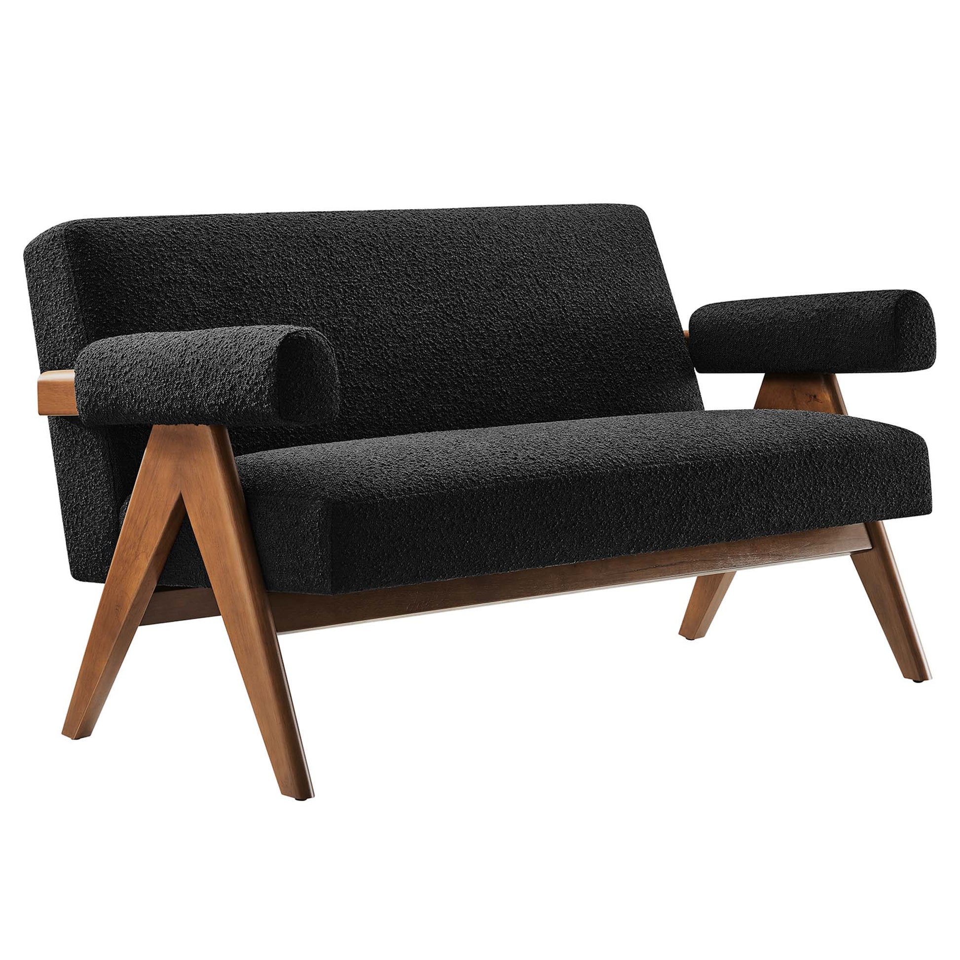 Black boucle fabric loveseat with wood frame, angled legs and cylindrical arm cushions, mid-century modern.