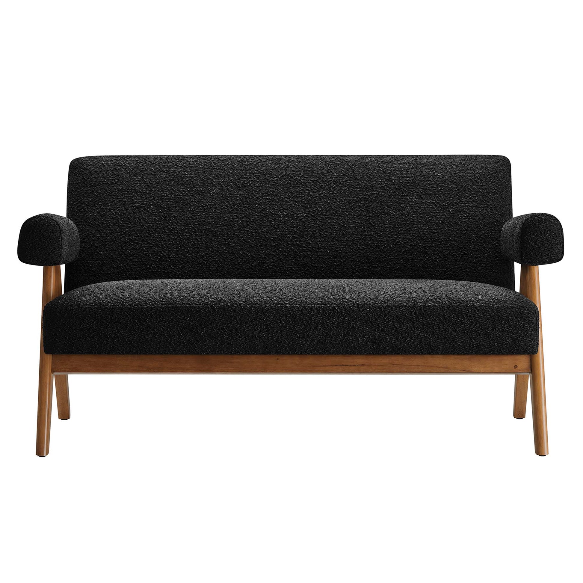 Black textured fabric loveseat with wooden legs and rounded armrest cushions; mid-century style.