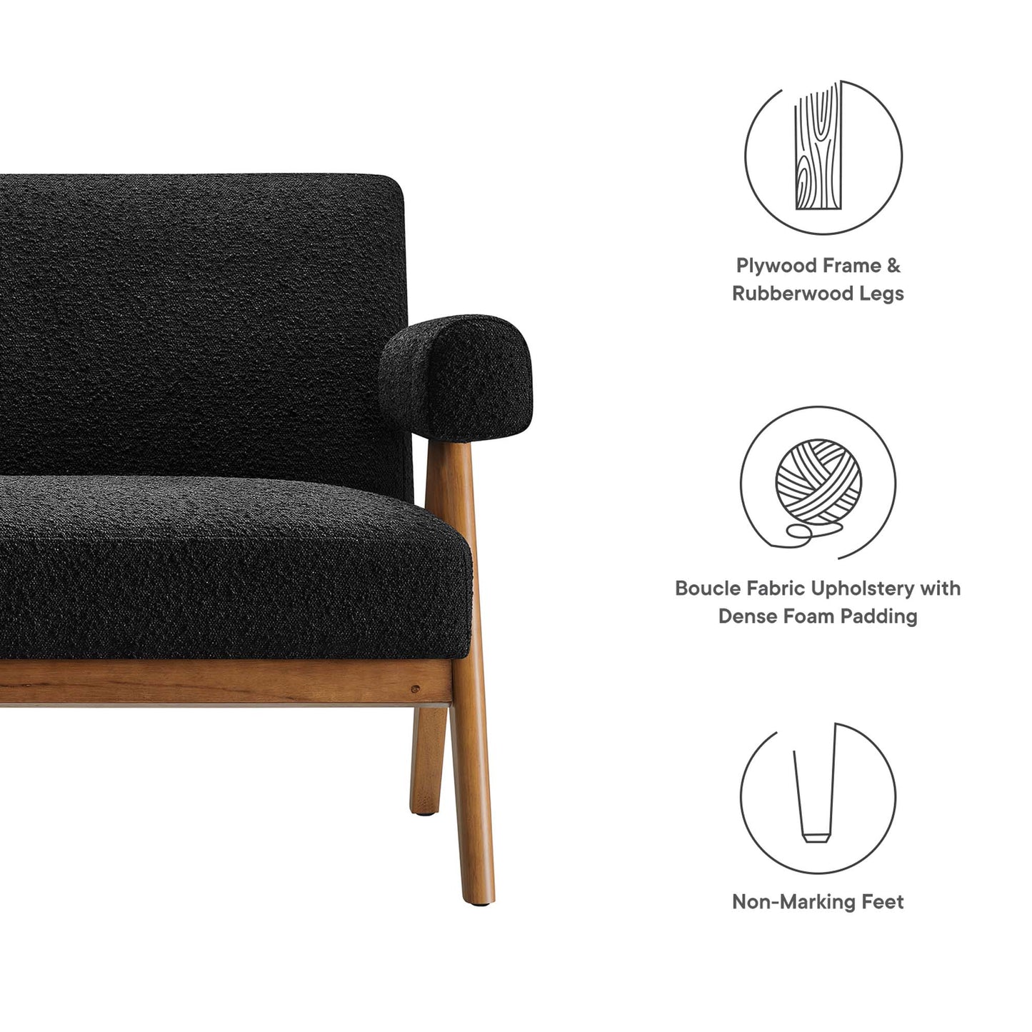 Mid-century black boucle fabric loveseat with wooden legs, padded armrest, dense foam, and non-marking feet.