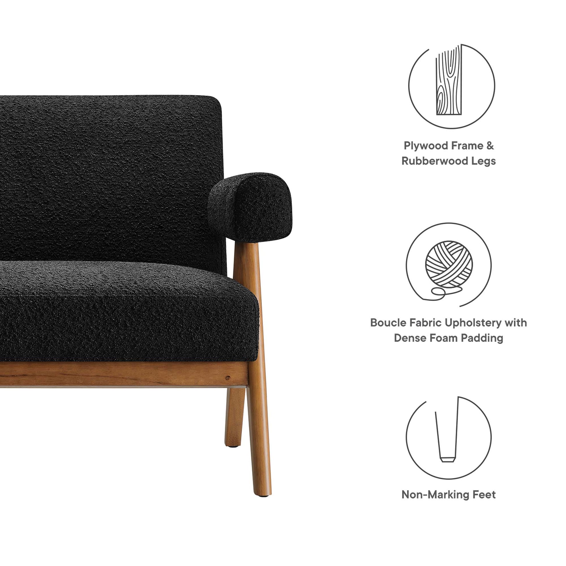 Mid-century black boucle fabric loveseat with wooden legs, padded armrest, dense foam, and non-marking feet.