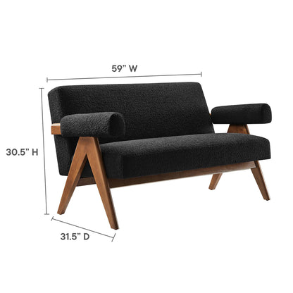 Black textured fabric loveseat with wooden angled legs & cylindrical padded armrests; mid-century style, 59W x 30.5H x 31.5D.
